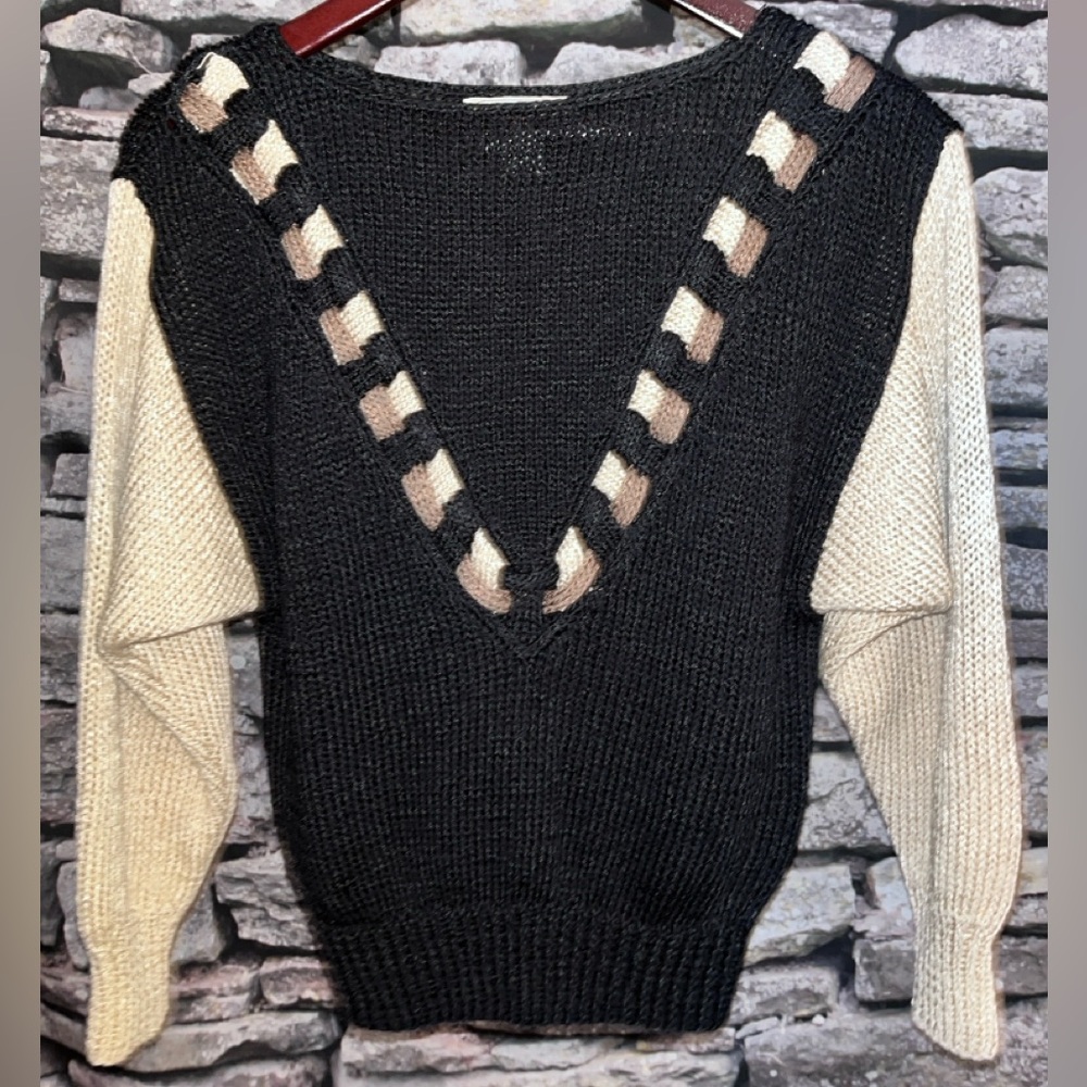 Retro Cream, black and brown knit women’s small sweater holiday dress business
